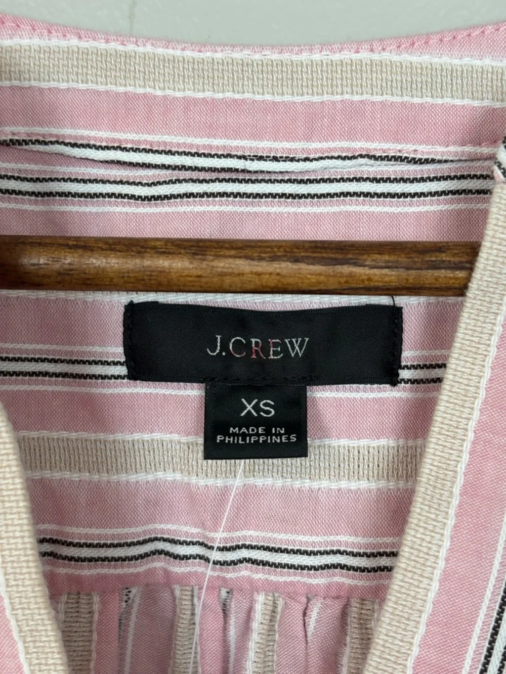 J Crew Top Womens XS Pink White‎ Stripe V-Neck Cotton Poplin Long Sleeve Blouse
